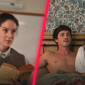 From left: actor and director Eva Victor in the 2025 film Sorry, Baby; actors Logan Lerman and Molly Gordon in the 2025 film Oh, Hi!.