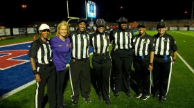 Marcia Cotton (left) with LSU women’s basketball coach Kim Mulkey and other members of the first all-female referee crew to call a Louisiana high school football game.
