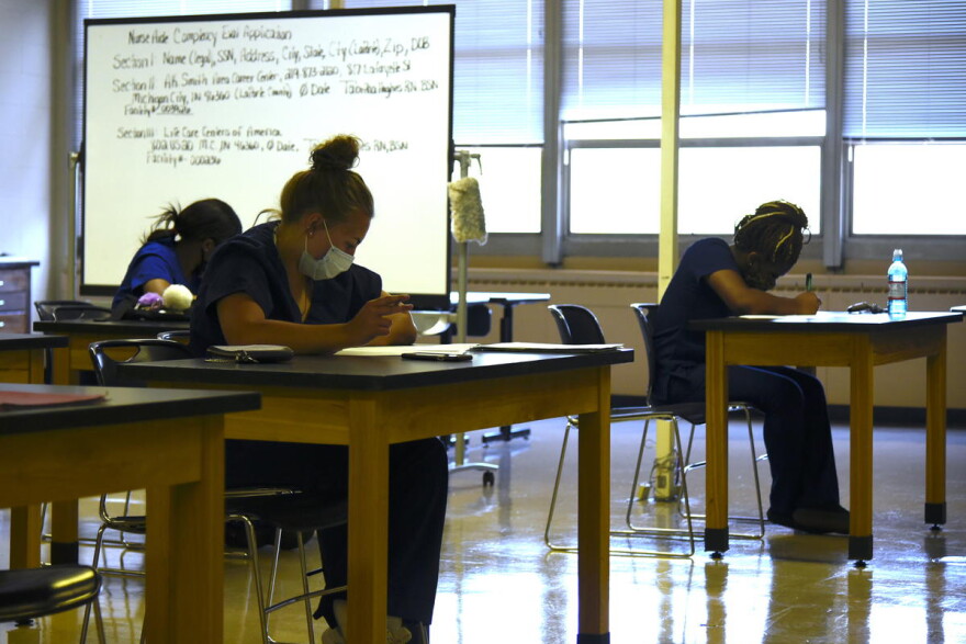 Nursing students at A.K. Smith Career Center in Michigan City take a review on the first day of the summer bridge program.