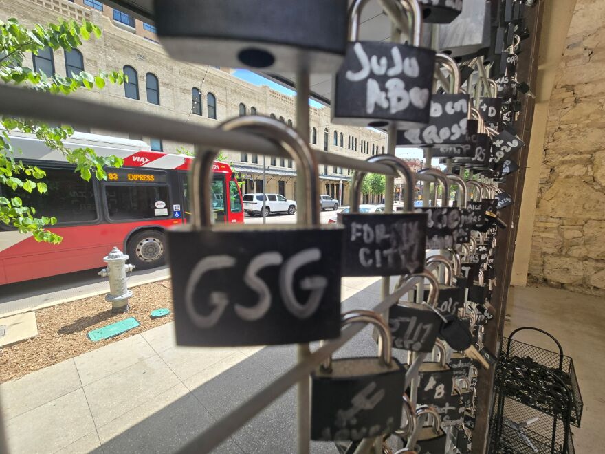 Locks of love for the San Antono Spurs at the fan shop at 333 West Commerce, many marked with GSG for Go Spurs Go, on May 29, 2026