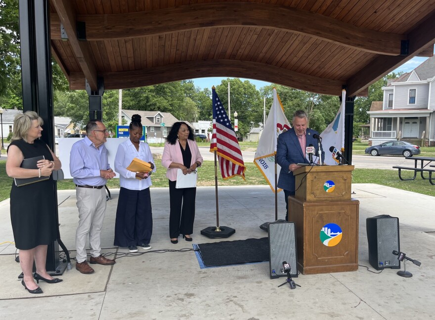 From left to right: Habitat for Humanity Greater Peoria Executive Director Lea Anne Schmidgall, Councilman Tim Riggenbach, Councilwoman Denise Jackson, Mayor Rita Ali and U.S. Rep. Eric Sorensen.