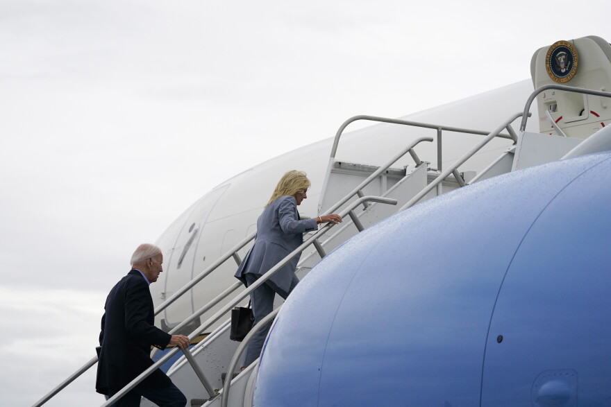 President Joe Biden and first lady Jill Biden board Air Force One at Reno-Tahoe International Airport for a trip to visit wildfire devastation in Maui, Monday, Aug. 21, 2023, in Reno, Nev.