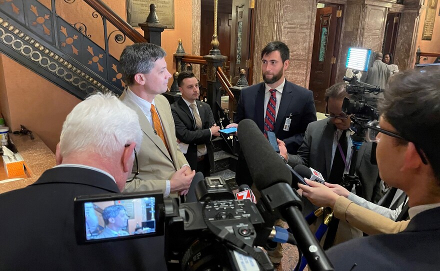 Senate Majority Leader talks with reporters about how lawmakers could return later this year to take up abortion legislation depending on a forthcoming U.S. Supreme Court ruling that is expected to overturn the landmark Roe. v. Wade decision.