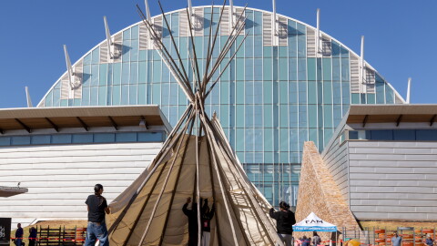 Riverside Indian School students demonstrate how to set up a tipi outside of the First Americans Museum during its Indigenous Peoples' Day celebration on October 12, 2026.