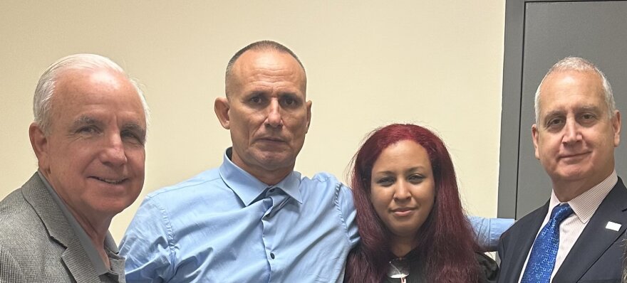 One of Cuba’s leading dissidents, José Daniel Ferrer, was released from prison on the island Monday, Oct. 14, 2025. U.S. Rep. Mario Díaz-Balart (far right) and U.S. Rep. Carlos Gimenez (far left) posted this photo with Ferrer and Ferrer's wife, Nelva Ortega. The lawmakers greeted Ferrer and his family at Miami International Airport.