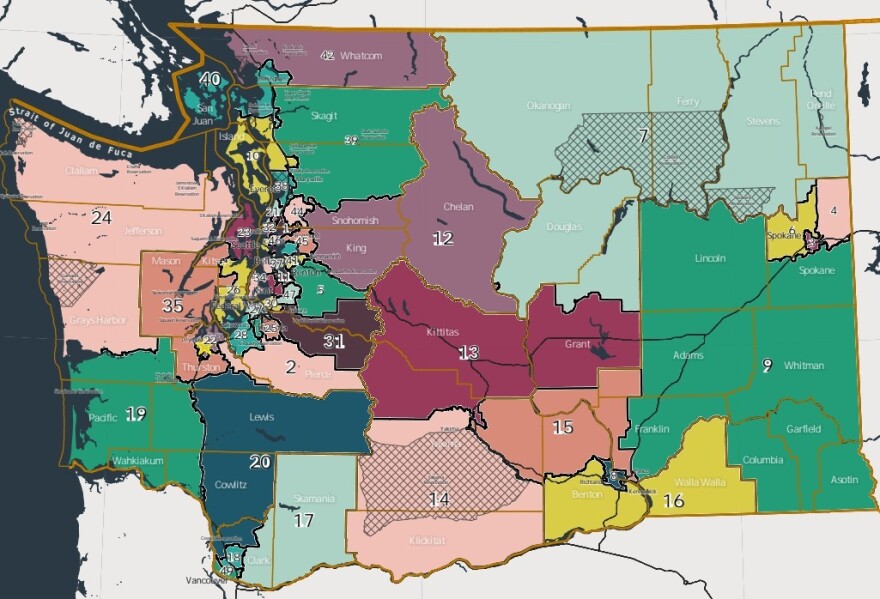 The 2021 map. Judge Lasnik previously said district boundaries in this version diluted the voting power of the Latino community in the Yakima Valley area, violating the federal Voting Rights Act. He decided this map would need to be redrawn. The new map appears at the top of this post.