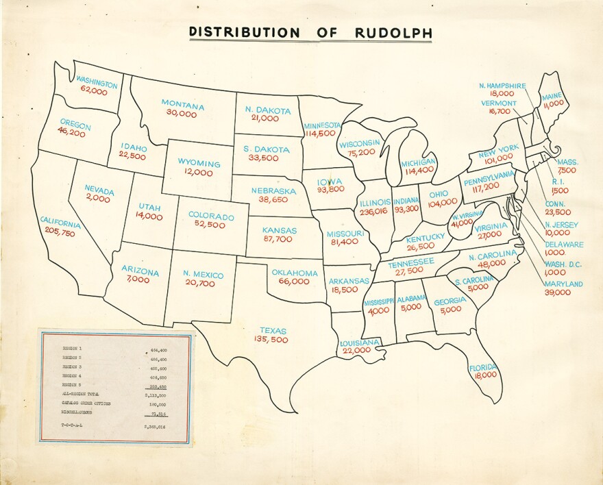 As shown in this map, copies of <em>Rudolph the Red-Nosed Reindeer</em> were shipped to Montgomery Ward stores across the country.