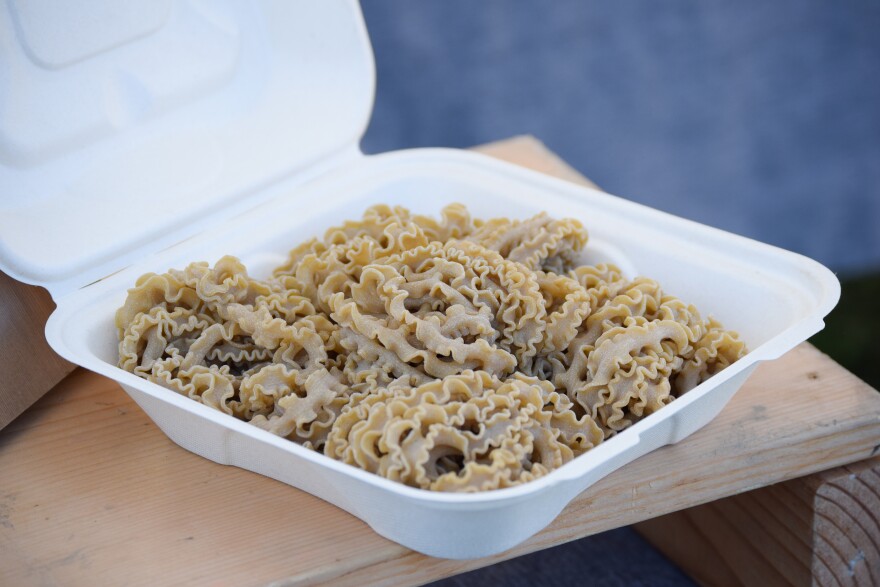 Homemade lemon basil pasta for sale at a Boreal Woods Mushroom Farm booth on Sept. 30, 2025. Owner Matthew Meares said he uses a commercial pasta machine he bought on eBay that used to belong to a steakhouse in New York. He said he completely rebuilt the machine after it got demolished in the mail.