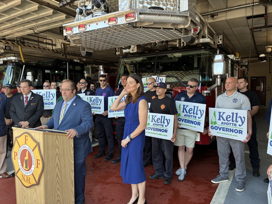 Brian Ryll, president of the Professional Fire Fighters of New Hampshire, announcing the union's endorsement of Gov. Kelly Ayotte's 2026 re-election bid.