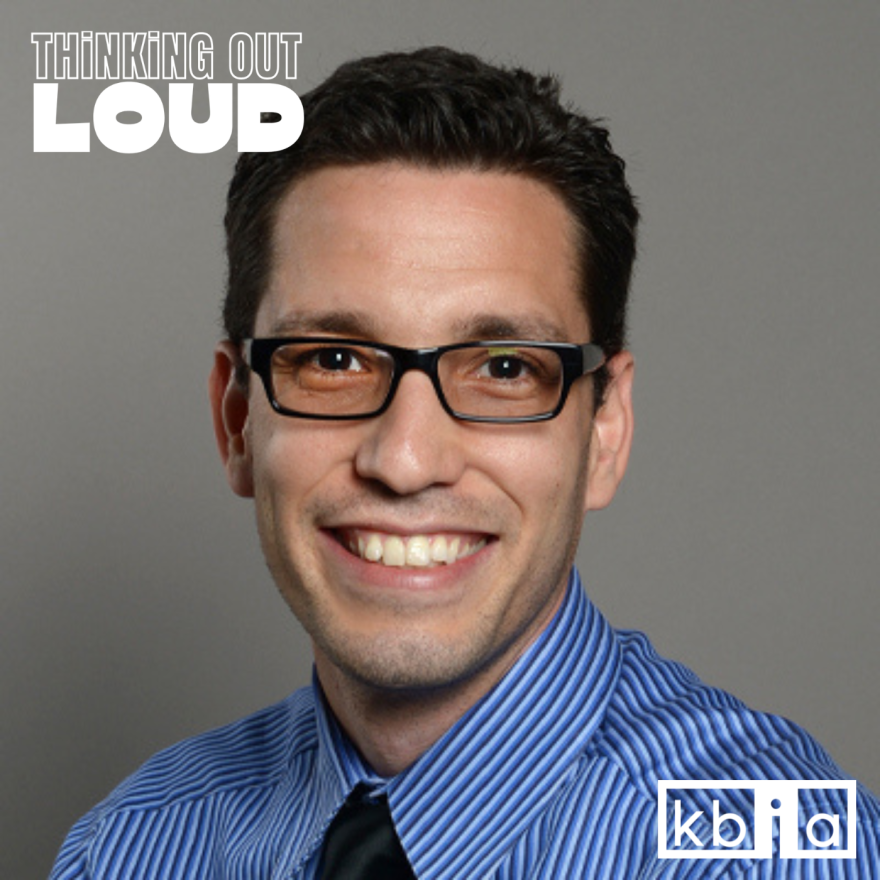 A headshot of Dr. Francisco Palermo overlayed with a white Thinking Out Loud logo in the top left corner and a white KBIA logo in the bottom right corner. 