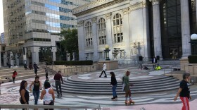 Skaters in front of Oakland City Hall