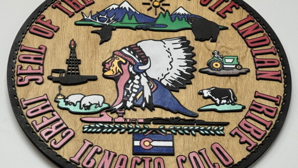 A wooden seal of the Southern Ute Indian Tribe at the Durango-La Plata County Airport in Colorado.