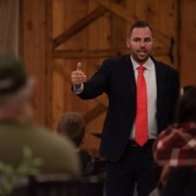 Jackson Lahmeyer, shown speaking at a campaign event in Pryor when he ran against James Lankford for the U.S. Senate in 2022.