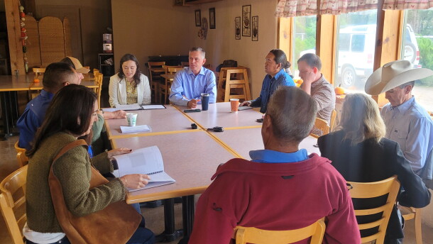 Senator Martin Heinrich sits with members of New Mexico's Agricultural community at Wagner Farm in Corrales on Tuesday.