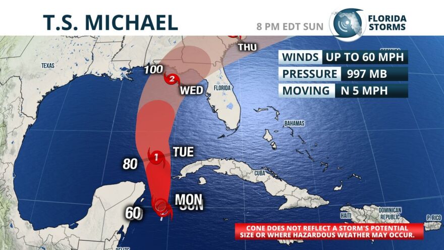 forecast cone for Tropical Storm Michael shows it hitting Tallahassee on Wednesday.