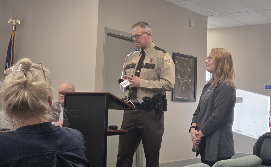Beltrami County Sheriff Jason Riggs, left, and Blackduck City Administrator Christina Regas, right, present on the possible disbandment of the Blackduck Police Department to contract with the sheriff's office during a public hearing on March 16, 2026.