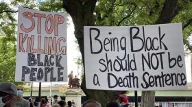 Protesters attend a rally in Syracuse Thursday ELLEN ABBOTT / WRVO NEWS