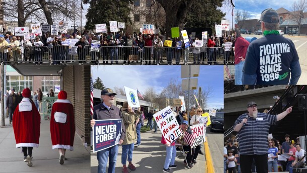 Collage of photos showing a public protest: crowds line a street behind metal barricades holding signs with political messages; individuals carry posters reading “No Kings,” “No ICE,” and “Never Forget Jan. 6.” One image shows two people in red capes labeled “No Kings” walking away, another shows a person wearing a shirt that reads “Fighting Nazis Since 1996,” and a speaker addresses a small crowd outdoors.