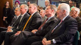From right to left â€“ former U.S. senator and Indianapolis mayor Richard Lugar, current mayor Joe Hogsett, and former mayors Greg Ballard, Bart Peterson and Steve Goldsmith.