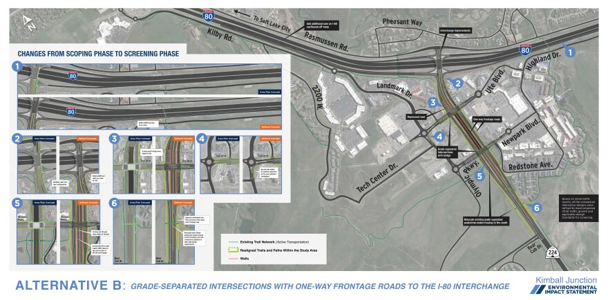 Alternative B sinks state Route 224 below Olympic and Ute boulevards. That may unclog the road, but UDOT estimates it's the most expensive option at $164 million. Alternatives A and C would cost $90 million and $35 million, respectively, UDOT said. They may also be built more quickly.