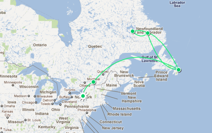 Here's the route the Innovation Trail will be taking to travel to where the power lines end: New York to Quebec, to Newfoundland & Labrador, and back.