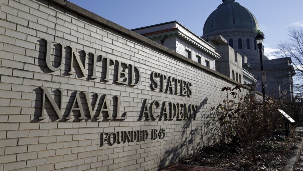 FILE - An entrance to the U.S. Naval Academy campus in Annapolis, Md., is seen Jan. 9, 2014. (AP Photo/Patrick Semansky, File)