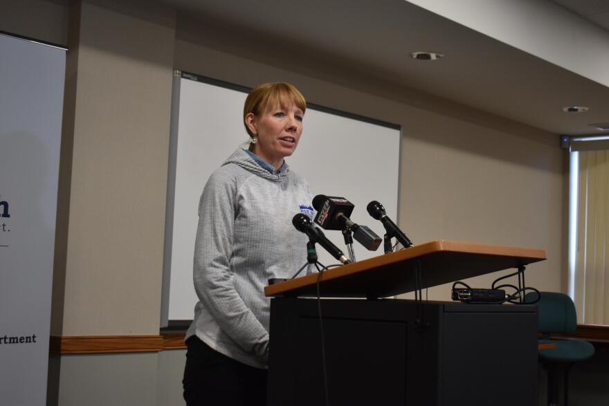 Beth Crider, Peoria County regional superintendent of schools, speaks at a March news conference in Peoria.
