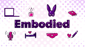 Illustration of 16 different erotic symbols in purples and pinks arranged in a grid on top of a purple and white textured background. The symbols are: a biting lip, a corset, furry handcuffs, a stiletto, a computer, a candle, a mask, a journal, a microphone, a bed with a heart over it, a pair of underwear, a pencil writing a heart, a bottle of lube, a v*brator, a whip, a block of cheese.