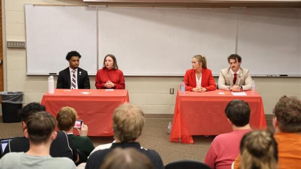 Student body president and vice president candidates debating at Grubbs Hall in Pittsburg, Kansas, on Apr. 2, 2026. From left to right : Josh Lawrie, Lacy Merriman, Alice Carnahan, Darrel McLeod. Photo credit