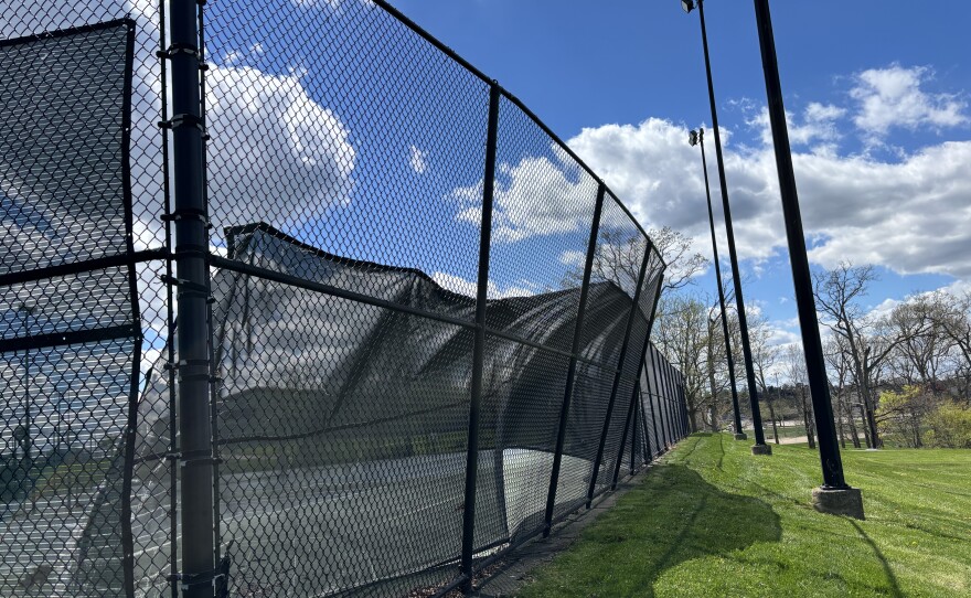The baseball field at Veterans Memorial Park in Ann Arbor damaged by the April 2026 tornado.
