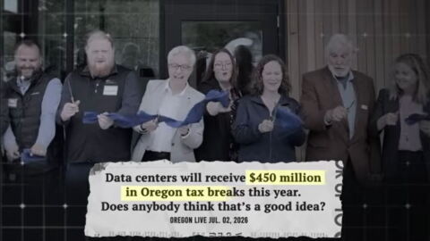 screenshot of tv ad with people at ribbon cutting with text over screen