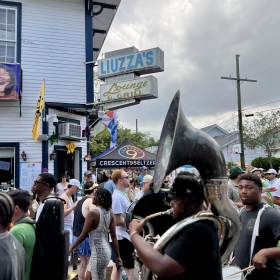 People party in the streets around Jazz Fest time in New Orleans.
