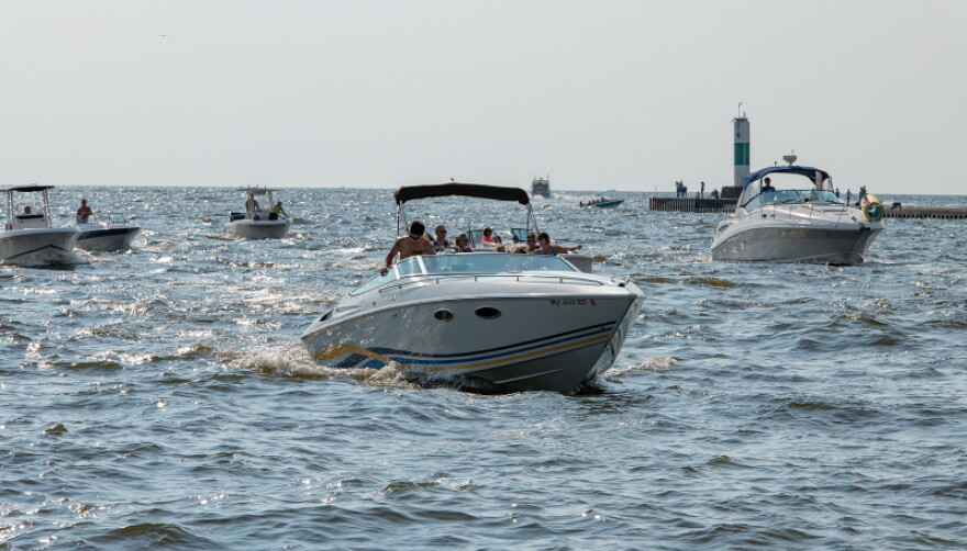Boats in the Grand River channel in Grand Haven, MI