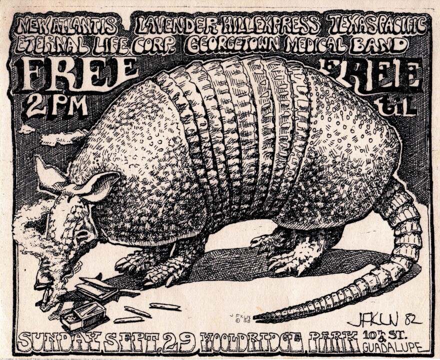 A black-and-white show poster depicting an armadillo smoking a joint. 