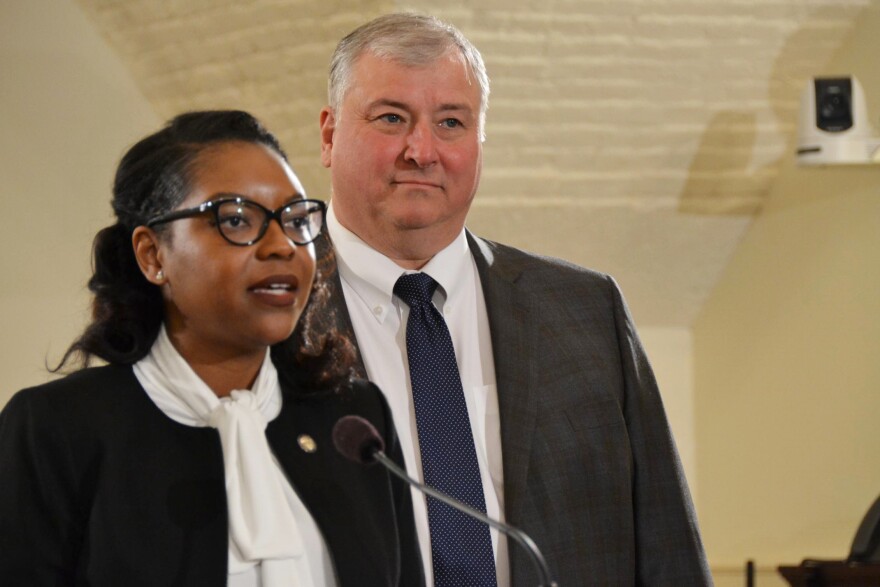 House Minority Leader Emilia Sykes (D-Akron) and House Speaker Larry Householder (R-Glenford) unveil new cameras installed in a committee room in March.