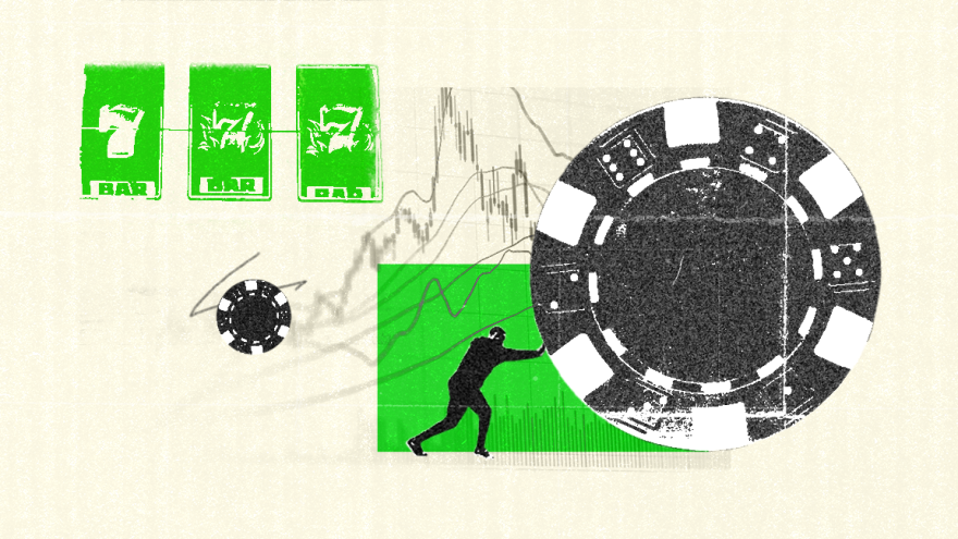 Collage of stock market chart, a man pushing a poker chip, and three lucky 7's.