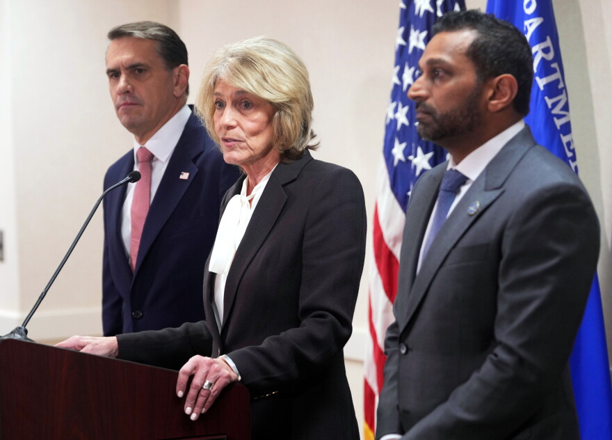 FBI Director Kash Patel,right, US Attorney General Todd Blanche,left, and Assistant US attorney Theophani Stamos, during a press conference announcing the indictment of Virginia State Sen. Louise Lucas, D-Portsmouth, Thursday Oct. 22, 2026, in Norfolk, Va.