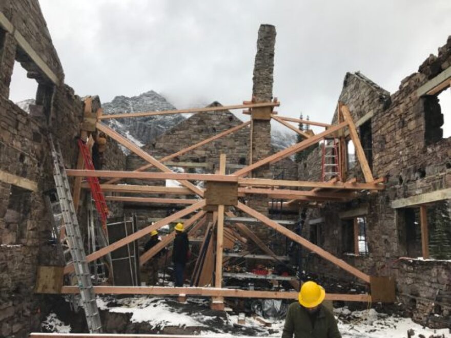 Scaffolding at the scorched Sperry Chalet in Glacier National Park, Oct. 2017.