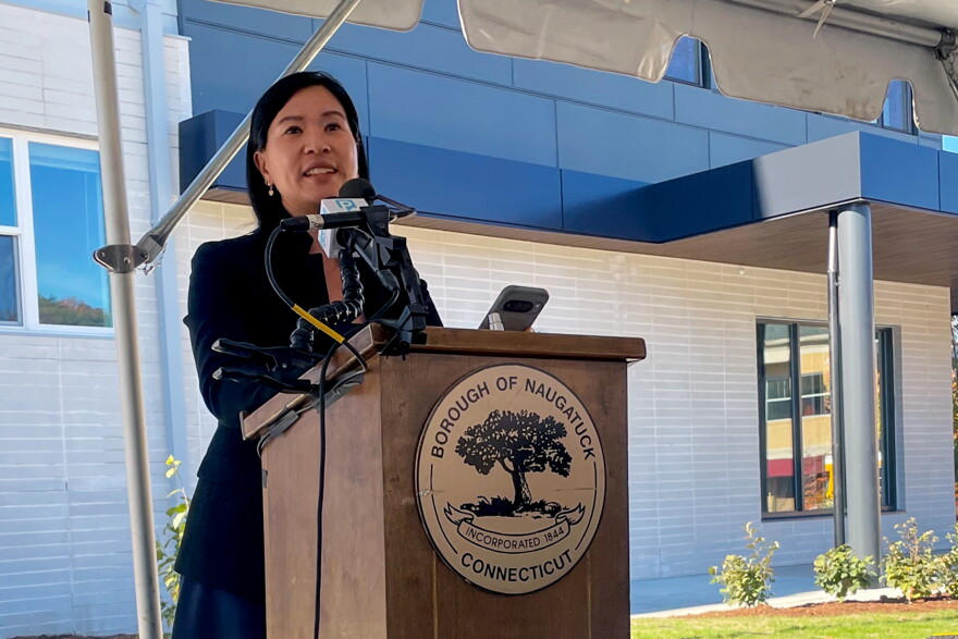 Karmen Cheung, with real estate developer Pennrose, speaking about the new Platform at the Naugatuck apartment complex October 26, 2026.