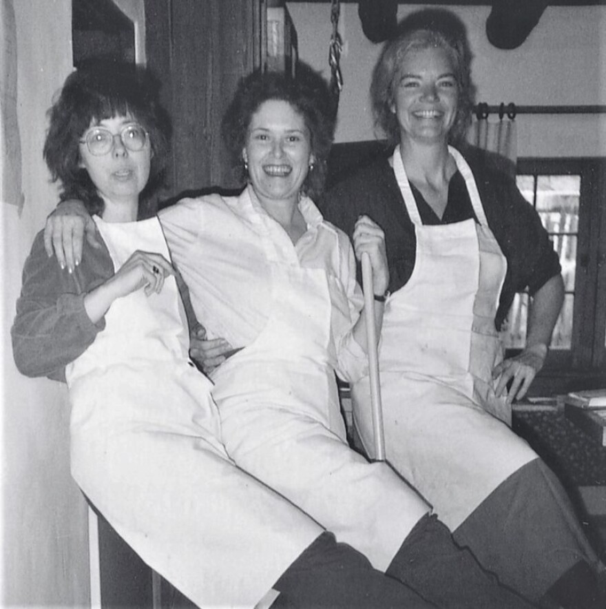 (l to r) Kaye Northcott, Sara Speights and Molly Ivins kick up their heels in the Mexico kitchen of Sara Maley, Molly's sister