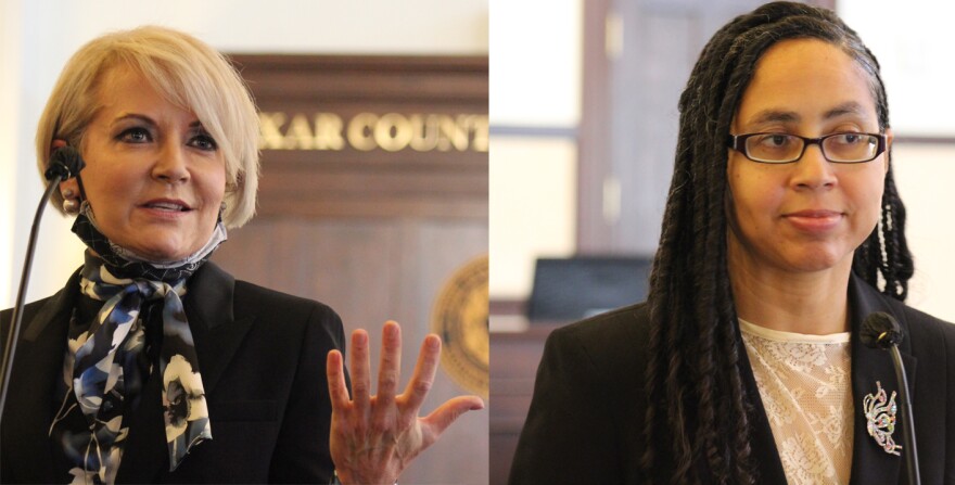 Pct. Commissioner Trish DeBerry (left) and Pct. 1 Commissioner Rebeca Clay-Flores take questions from the press during seperate swearing-in ceremonies at the Bexar County Courthouse on New Year's Day.