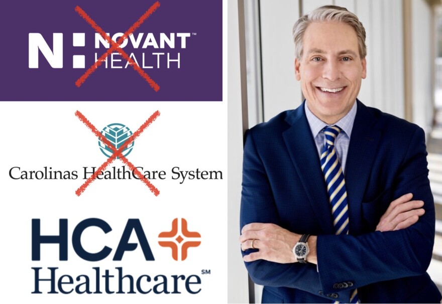 On the left, a graphic with the logos for Novant and Carolinas HealthCare System with red exes on top, followed by HCA with no ex. On the right, a portrait of former Mission CEO Ronald A. Paulus smiling and earing a navy blue suit coat with a blue and gold stripped tie. 