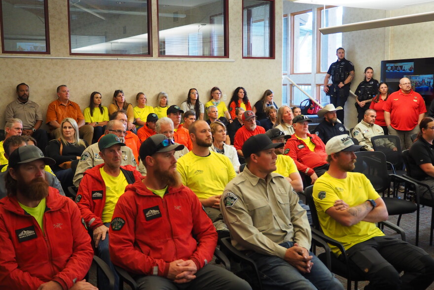 Search and rescue volunteers and other personnel from around the Wasatch Back and southwestern Wyoming listen as members of the Summit County Council commended Lt. Alan Siddoway for his four decades of service Oct. 7, 2026.