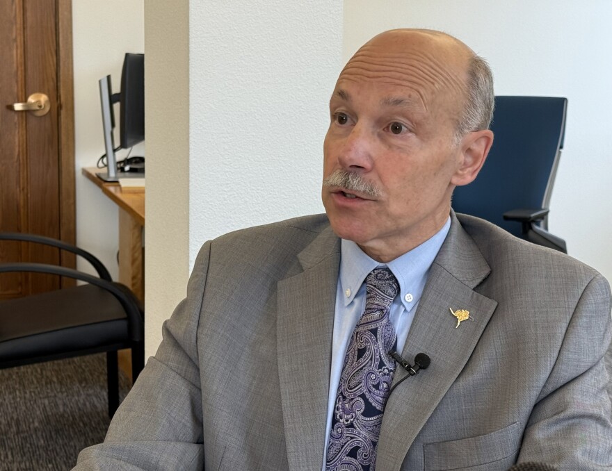 Interim UAF Chancellor Mike Sfraga speaks with reporters July 28, 2025 — his first day at the helm of the University of Alaska system's flagship campus.