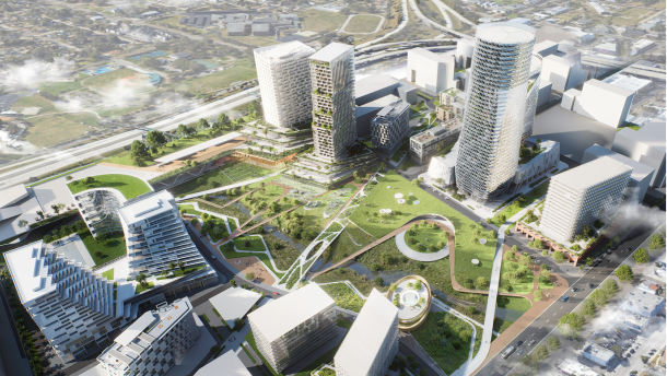 Artist's rendering of tall buildings from the air