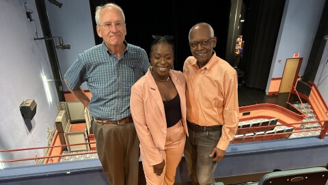 L to R: Save the Grand Theatre president Bill Cull, Stories from the Balcony collaborator Katima Smith Willis, Save the Grand Theatre board member Mike Fields stand in the spot that was once the designated area for African American patrons when the Grand Theatre was segregated
