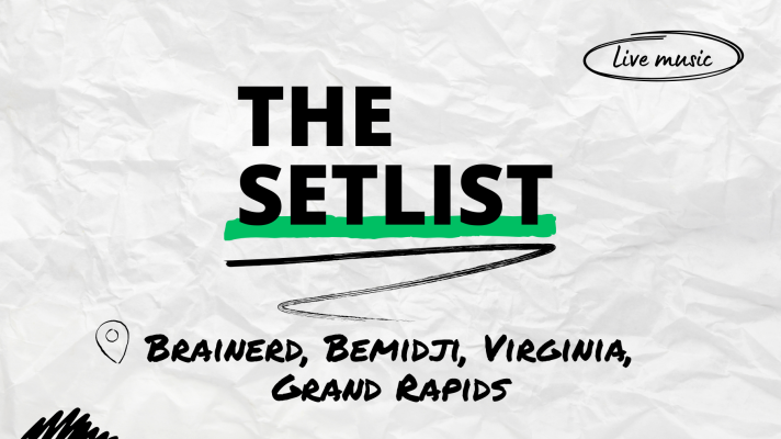 "The Setlist" and "Brainerd, Bemidji, Virginia, Grand Rapids" written over a crumpled paper background.