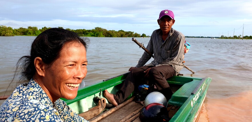 Chhum South and her husband, Tim Chhoeun, bring in their meager catch. They've been out all night and have little to show for it. Last year, he says, he could catch roughly 22 pounds of fish a day. Today, he's caught about a third of that. If this keeps up, his wife says, she'll have to go work on a Chinese cassava plantation.