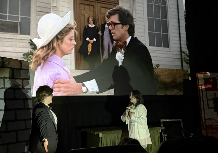 Summer Lazenby (left) and Emma Key (right) play Brad and Janet in a shadow cast performance of "The Rocky Horror Picture Show" on Thursday, Oct. 29, 2026 near Soldotna, Alaska.