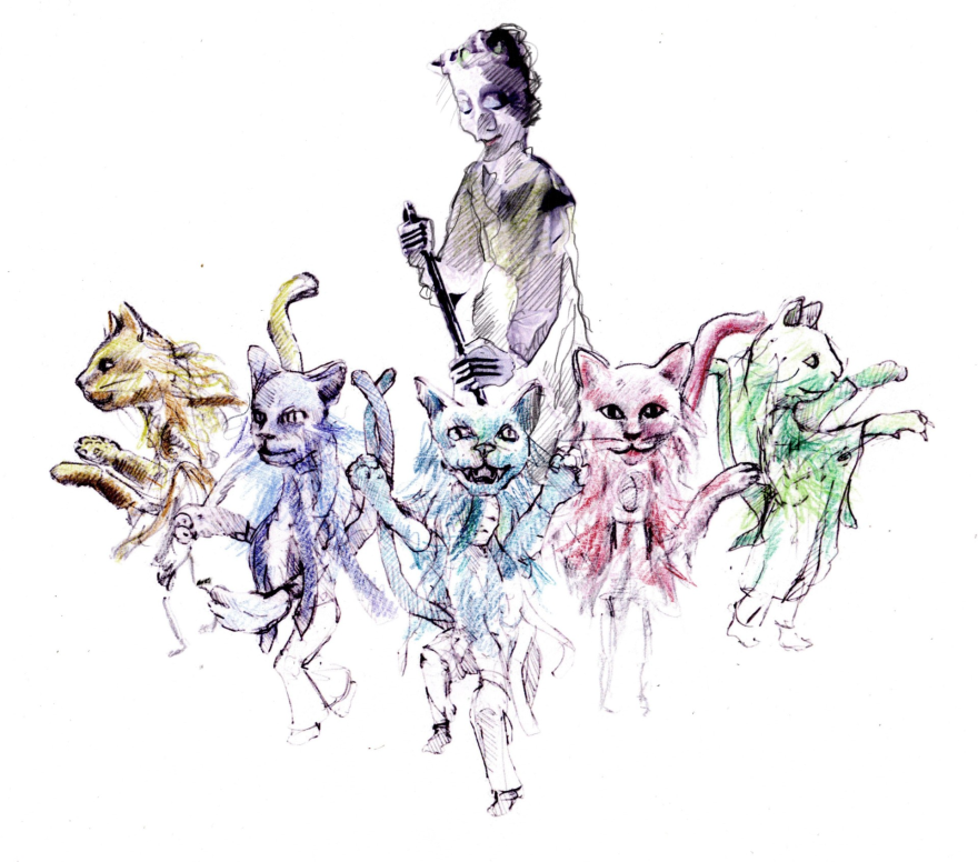 Artistic rendering of giant cat and street sweeper puppets that will appear in this year’s Village Halloween Parade